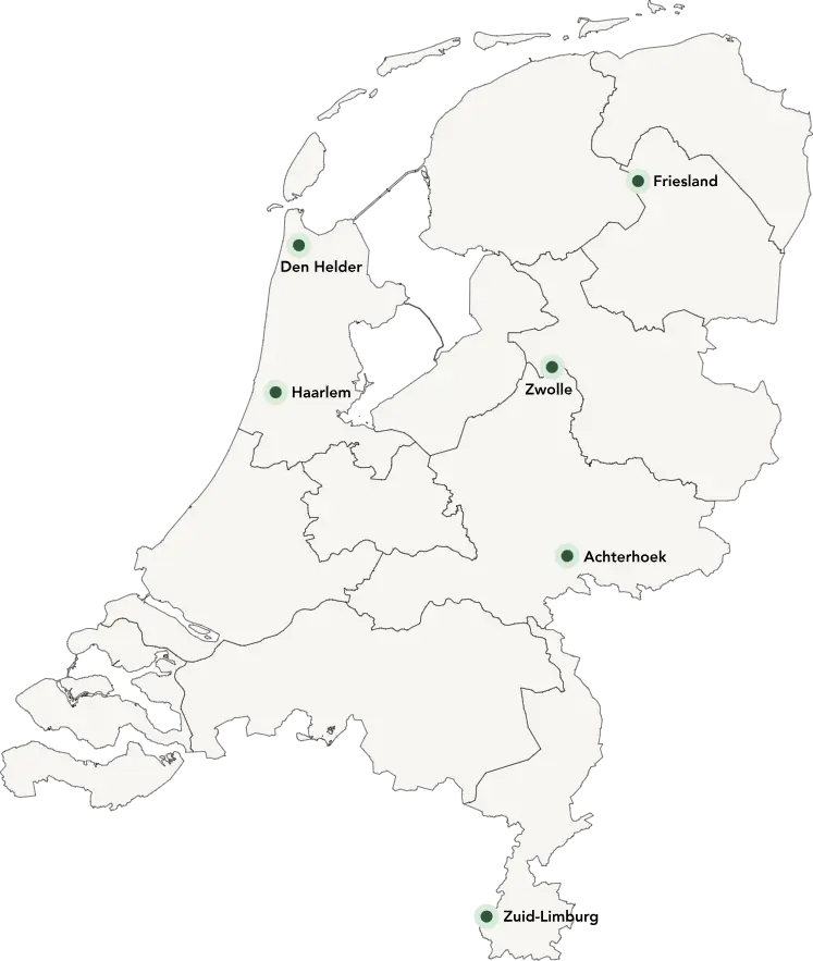 Landkaart vrije regios Fortune Coffee Franchise-Noord Friesland-Den Helder-Haarlem-Achterhoek-Zwolle-Zuid Limburg